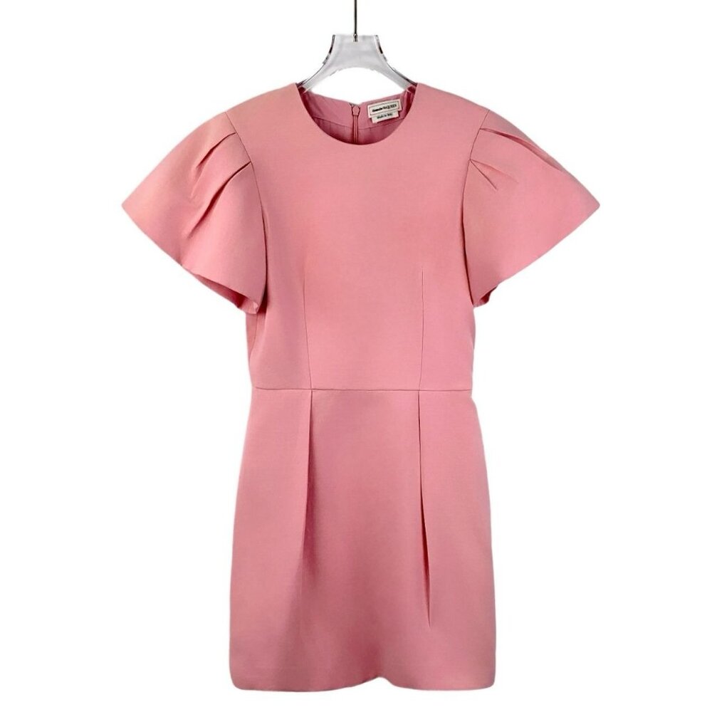 Alexander McQueen Pink Puffed-Sleeve Wool & Silk Blend Dress Size 40 Made In Ita